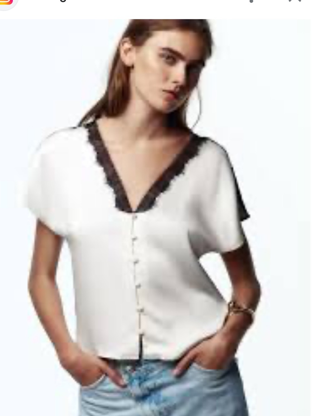 Zara Cream Lace Trim Short Sleeve V-Neck Blouse Top